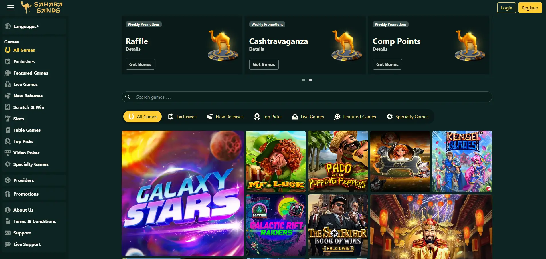 Homepage di Sahara Sands Casino con slot machine online e categorie principali del casino
